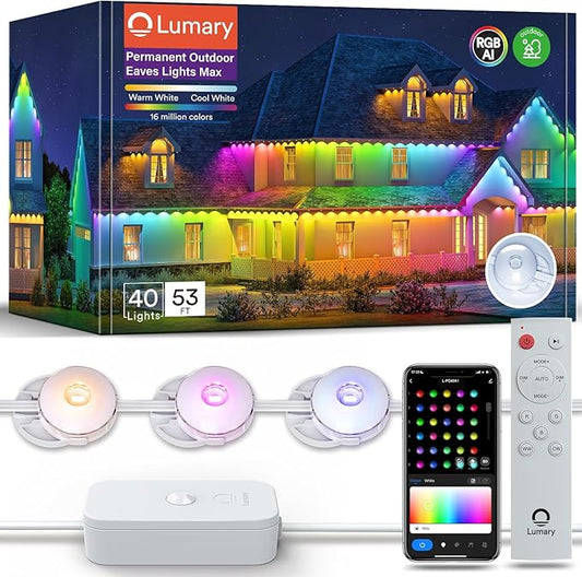 Lumary Permanent Outdoor Lights Max 53ft with 40 LED Eave Lights RGBAICW 2400LM, IP67 Waterproof, IC Control and Scene Modes for Halloween Christmas Decoration, Works with Alexa and Google Assistant