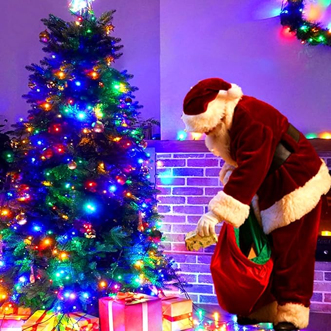 Music Motion Sensor Christmas String Lights 105FT 300 LED，Multicolour Christmas Tree Lights，End to End Plug In 6 Modes Decorative Light, No Timer；Waterproof for Indoor Outdoor Tree Party Decor