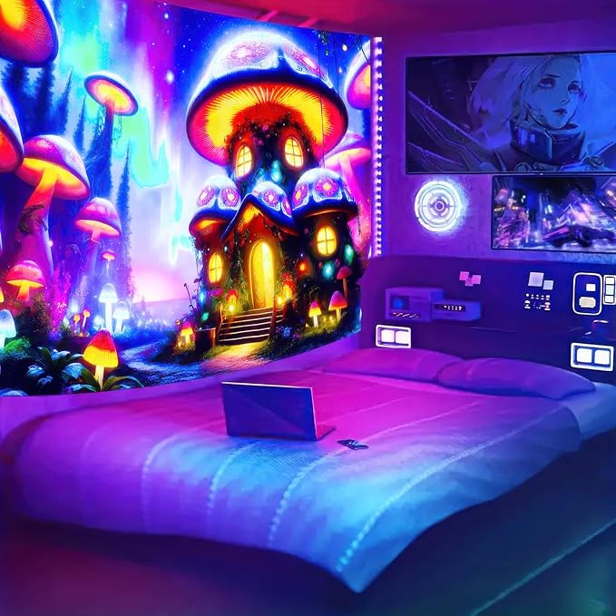 BlissYard Black Light Tapestry Uv Reactive Tapestry Glow Tapestry 78x59 Inches Enchanted Mushroom Village Wall Hanging, Fluorescent Art Decor with Glowing Mushrooms, Forest, and Fantasy Elements