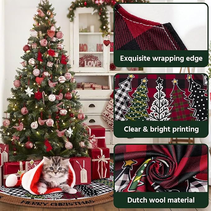 Christmas Tree Skirt 36 Inch, Red and Black Buffalo Plaid Xmas Tree Skirts, Winter Christmas Trees Mat for Home Party Holiday Indoor Outdoor Decorations