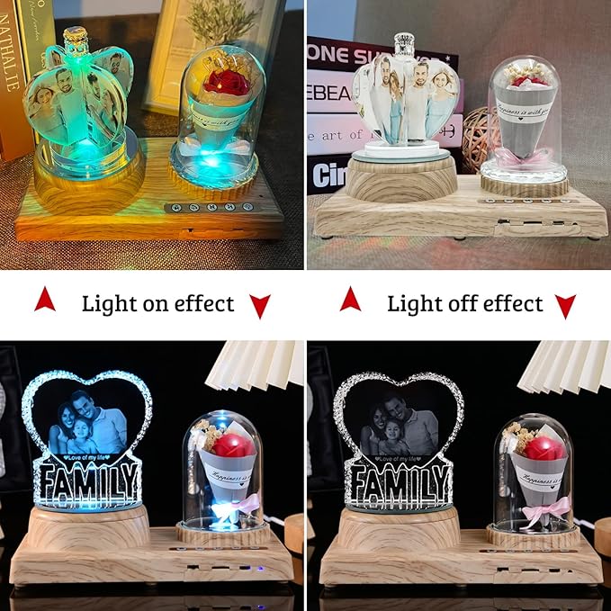 3D Crystal Photo, Heart-Shaped Love Photo Custom Night Light Personalized 3D Crystal Lamp with Bluetooth Rose Audio, Crystal Photo Frame Best Gift for Couple Love Women Men Wedding Christmas