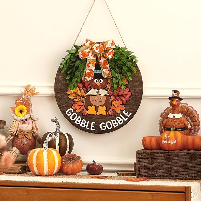 Boao 12 Inch Thanksgiving Door Decor Turkey Gobble Wooden Sign for Front Door Decorations Thanksgiving Sign with Bow Wall Art Hanging Wreath Decorations for Harvest Home Outdoor Farmhouse Porch Hanger