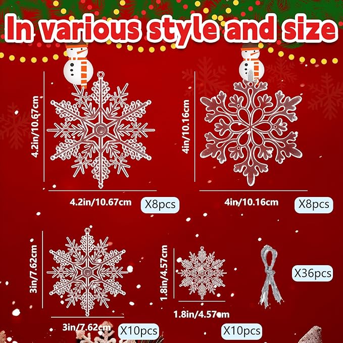 Christmas Tree Decorations Snowflake Ornaments 36Pcs Clear Plastic Hanging Snowflakes from Ceiling Snow Flakes Decorating Hanging for Winter Wonderland Decorations Indoor Outdoor Decor