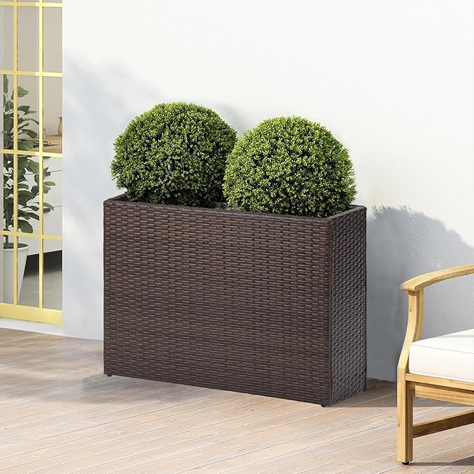 LEWIS&WAYNE Large Rectangular Block Planter Box Handmade Wicker Tall Planters for Outdoor Plants with Removable Liners Modern Planter for Indoor Outdoor Patio Deck - Brown, 32''x11''x24''