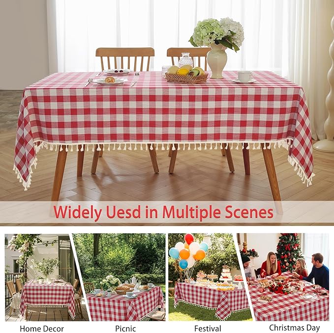 JIALE Gingham Tablecloth Square Cotton Linen Fabric Checkered Table Cloth with Tassel Washable Wrinkle Free Buffalo Plaid Table Cover for Outdoor Party Picnic Kitchen Dining, Red, 55x106