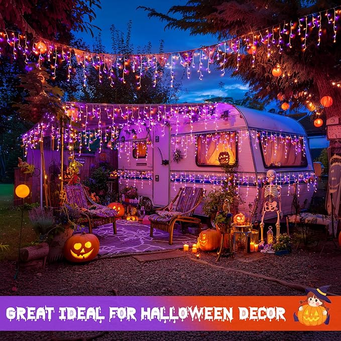 JMEXSUSS 400 LED Orange and Purple Halloween Lights Outdoor, 38.8 FT Orange and Purple Icicle Light Outdoor Waterproof, 8 Modes Halloween Lights Plug in for House Christmas Party Decorations