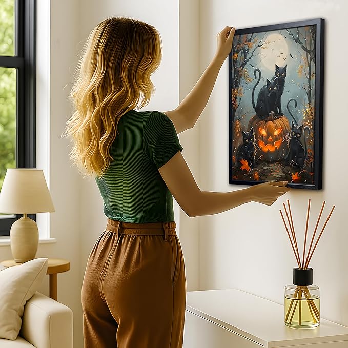 Halloween Black Cat Wall Art, Dark Academia Spooky Pumpkin Poster Wall Decor, Vintage Gothic Witchy Cat Canvas Print, for Bedroom Living Room Aesthetic Decor 12x16 Inch Wood Framed