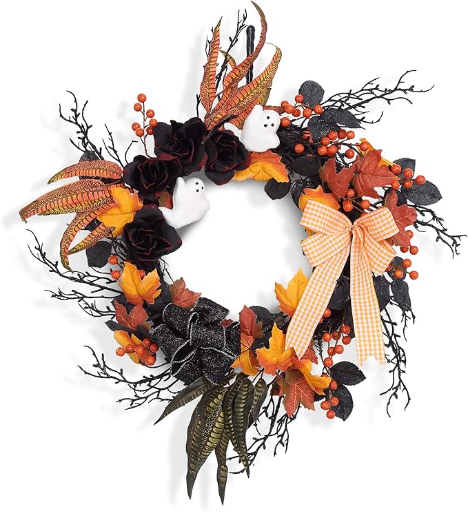Adeeing 26 Inch Halloween Wreaths for Front Door, Halloween Decorations Ghost Wreath with Feathers Artificial Black Rose and Ribbon for Indoor Outdoor Home Party Decor