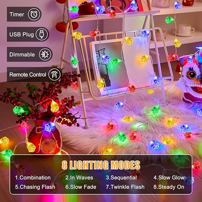 String Lights Indoor, 33 Ft 80 LED Rose Bud Lights, 8 Modes Dimmable & Timeable Fairy Light with Remote, Festival Decoration for Bedroom Living Room Wall, USB Plug, 4 Colors(Red&Yellow&Blue&Green)