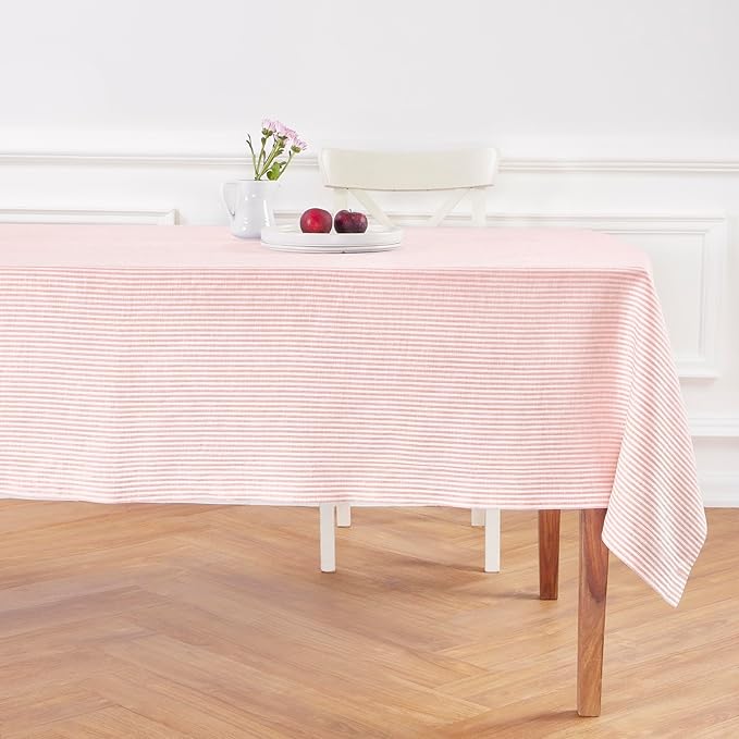 Solino Home Linen Tablecloth 60 x 90 Inch - Narrow Stripe 100% Pure Linen Peach and White Table Cloth for Rectangle Tables - Machine Washable Tablecloth