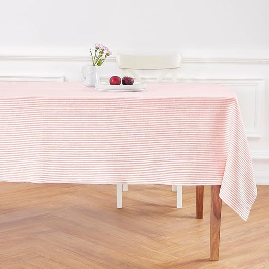 Solino Home Linen Striped Tablecloth 60 x 120 Inch - 100% Pure Linen Peach and White Table Cloth for Rectangle Tables - Narrow Stripe, Machine Washable Tablecloth