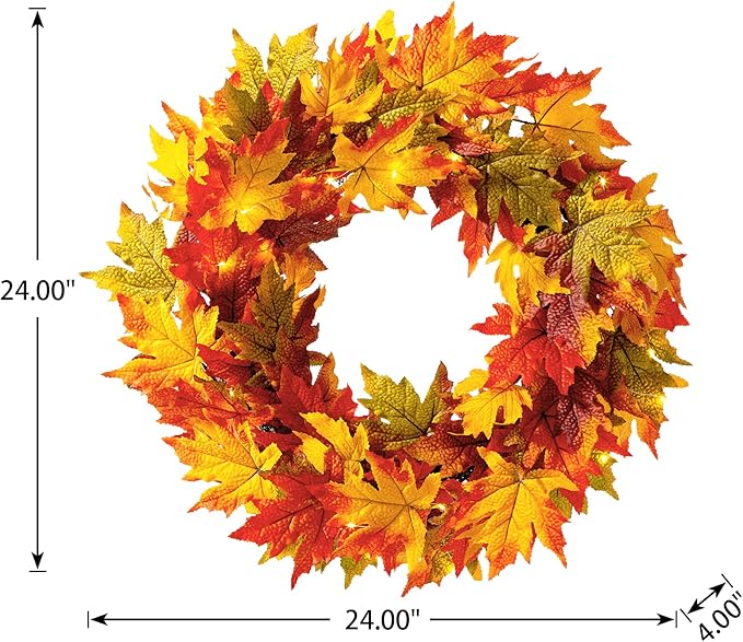 Glitzhome 24 Inch Pre-lit Fall Wreath, Autumn Wreath for Front Door, Lighted Maple Leaves Wreaths with Timer for Thanksgiving Halloween Christmas Wall Front Porch Home Decoration