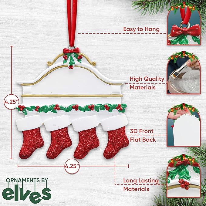 3D White Mantle Family of 4 Christmas Ornament 2025 Personalized Family Christmas Ornaments 2025 | Garland Fireplace Personalized Tree Ornaments Customizable Gifts Red Stockings of Four Ornament