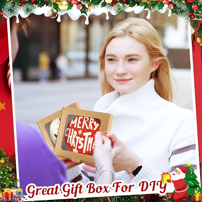 25 Pcs Sublimation Ornament Blanks Box 3.6"x3.6"x0.7" Christmas Ornaments Holder Ceramic Discs Packaging Box with Window for Personalized Xmas Tree Blanks Bulk (Kraft Paper)