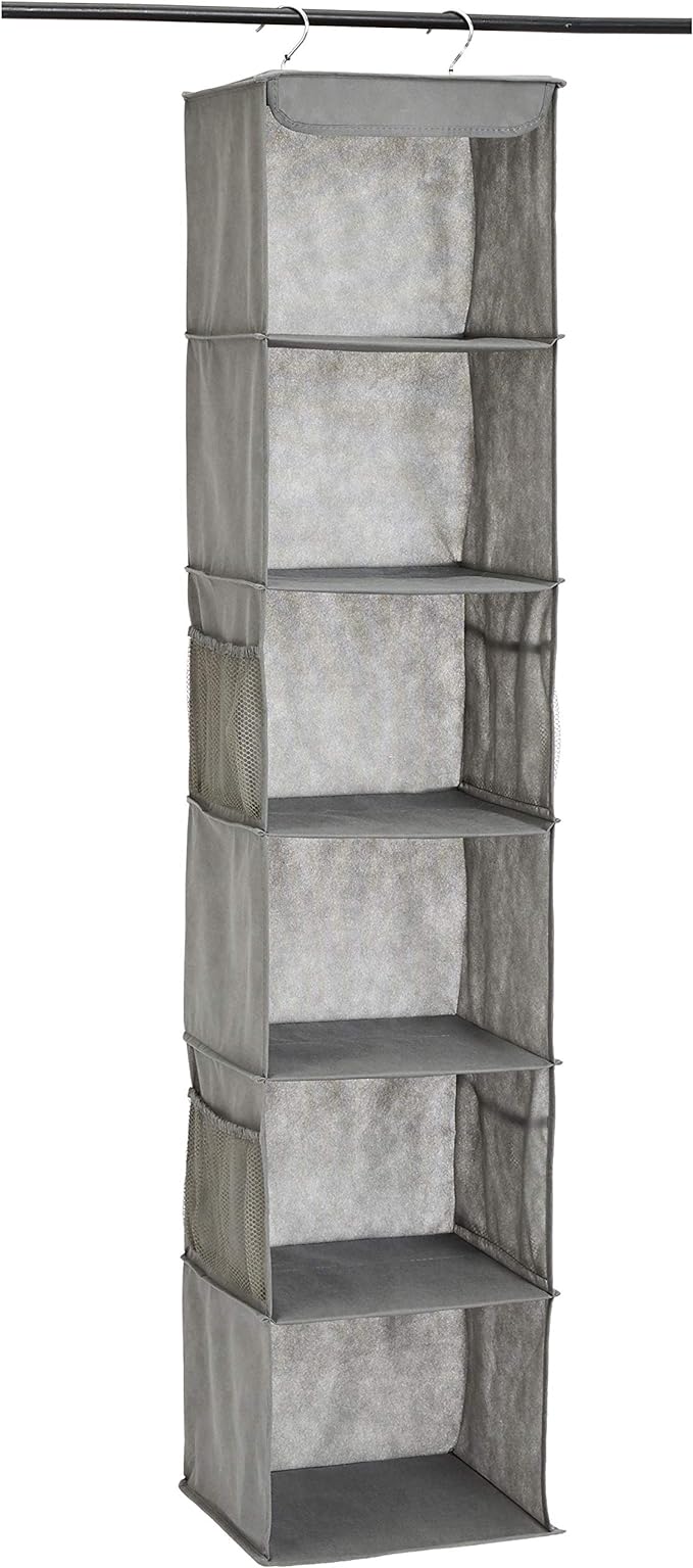 Amazon Basics 6-Tier Hanging Closet Shelf Organizer With Pockets, 8.5" D x 12" W x 9" H, Grey