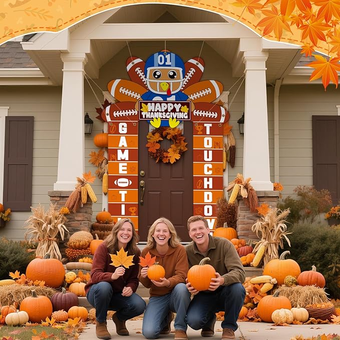 Thanksgiving Football Turkey Party Porch Banner Turkey Door Banner for Thanksgiving Decorations Hanging Porch Sign for Football Party Supplies Photo Backdrop Indoor Outdoor Wall Front Door Cover