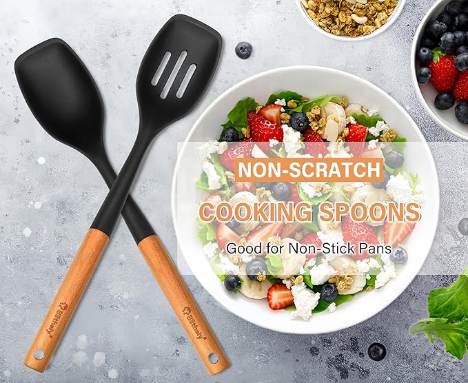 Large Silicone Cooking Spoon Set, 2 Pack Solid Slotted Spoon with Wooden Handle, Nonstick Silicone Kitchen Spoons for Cooking, Heat Resistan Spatula Set for Serving, Basting, Mixing (Black)