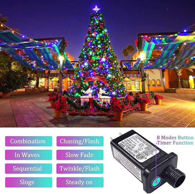 JMEXSUSS 300 LED Christmas Lights Outdoor Waterproof, Multicolor Christmas Tree Lights Plug in, 8 Modes Twinkle Fairy String Lights for Indoor Xmas Wedding Party Garden Decoration