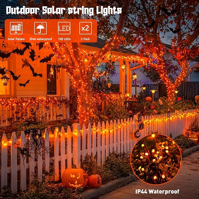 JMEXSUSS 2 Pack Orange Halloween Lights: 100 LED 33ft Solar Halloween Lights Outdoor Waterproof - 8 Modes Orange Solar Light for Christmas Outside Tree Gardens Fall Festival
