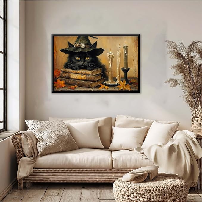 JFHCQJPK Vintage Halloween wall decoration black cat and magic book suitable for home bedroom living room decoration dark classic art witch wall decoration12x16in Metal blackFramed