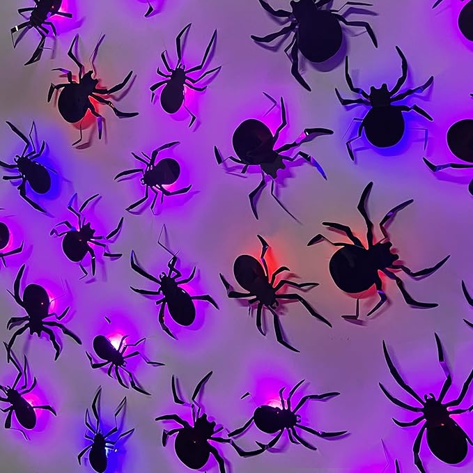 DR.DUDU 36 Pack Halloween Spider Wall Decor, 3D Window Stickers with Multi-Color LEDs, Removable Light up Spiders Wall Decals for Bathroom Home Door Party Indoor & Outdoor Decorations (Assorted Sizes)