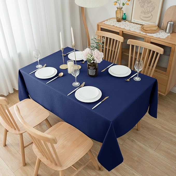 Biscaynebay Textured Fabric Tablecloths 90x132 Inches Rectangular, Navy Water Resistant Tablecloths for Dining, Kitchen, Wedding and Parties etc. Machine Washable
