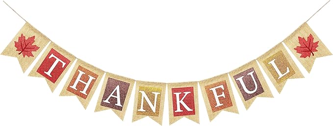 Thankful Burlap Banner with Maple Leaves, Happy Fall Thanksgiving Mantle Fireplace Decorations Garland Autumn Harvest Outdoor Home Office Classroom Hanging Decor