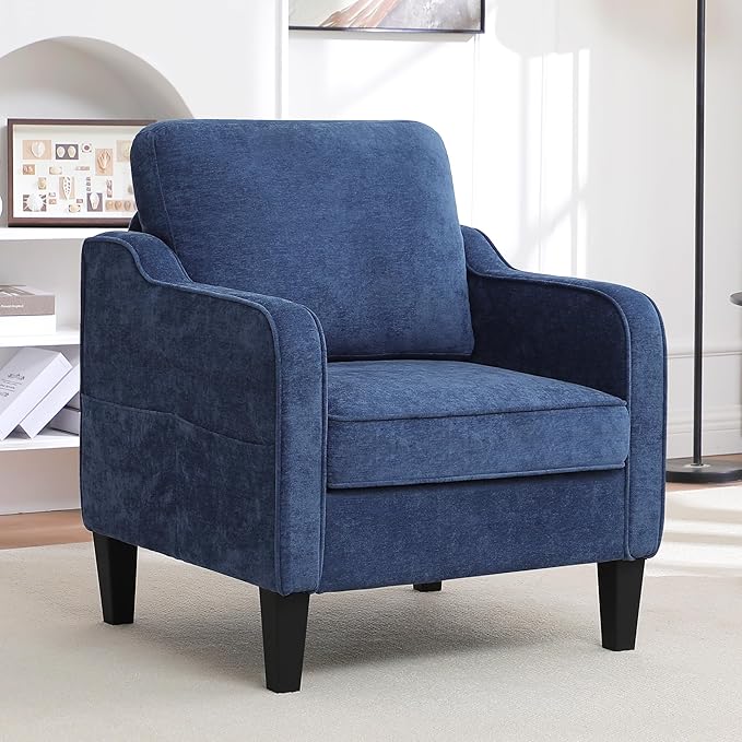 Accent Chair for Living Room, Mid Century Modern Reading Chair for Bedroom, Upholstered Armchair with Side Pockets, Comfy Single Sofa Side Chair for Office, Apartment, Small Room, Blue