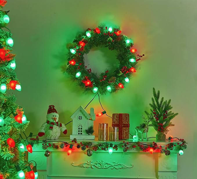 Vintage C9 LED Christmas Lights Outdoor, 50 Feet C9 String Lights with 50 Shatterproof Matte Bulbs, Connectable Waterproof Lights for Holiday Party Roofline Backyard Garden Patio, Red & Green