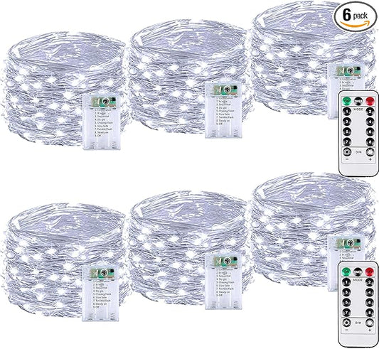 6 Pack 60LED Battery Operated Fairy Lights with Remote, 8 Modes LED String Lights with Timer, Dimmable, Memory Function, Waterproof Twinkle Fairy Lights for Outdoor Indoor Christmas Decor(Cool White)