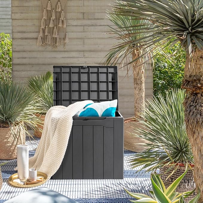 JUMMICO 31 Gallon Resin Deck Box Waterproof Indoor Outdoor Storage Boxes for Patio Furniture Cushions and Garden Tools (Gray)