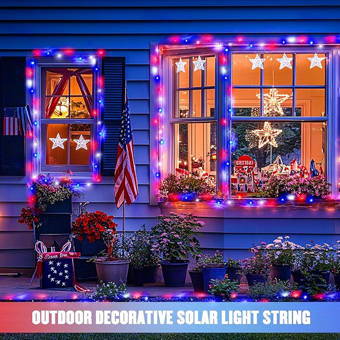 JMEXSUSS 2 Pack Red White and Blue Solar Lights 100LED 33ft Patriot Solar String Lights Waterproof, 8 Modes 4th of July Lights for Independence Day, Gardens, Tree, Outdoor 4th of July Decorations