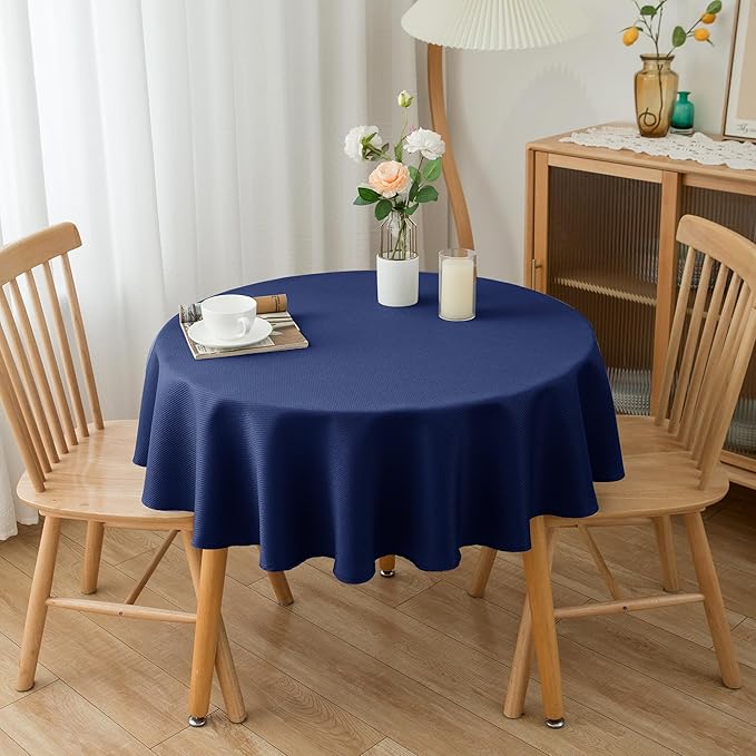 Biscaynebay Textured Fabric Round Tablecloths 70", Navy Water Resistant Table Cloth Circle Folding Table Covers for Dining, Kitchen, Wedding, Parties etc Machine Washable