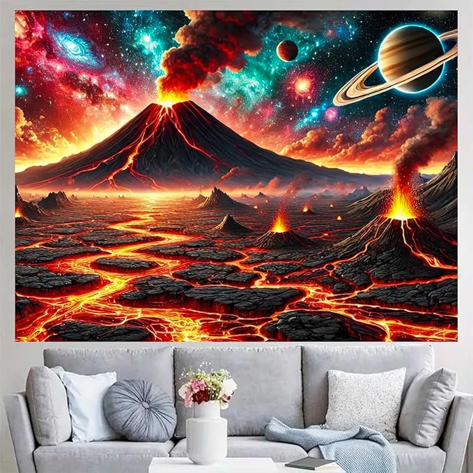 BlissYard Volcanic Planet Lava Landscape UV Black Light Tapestry 78x59 Inches Art Color Neon Light Background Bedroom Living Room Wall Party Decoration Outer Space Earthcore Molten Galaxy Decor