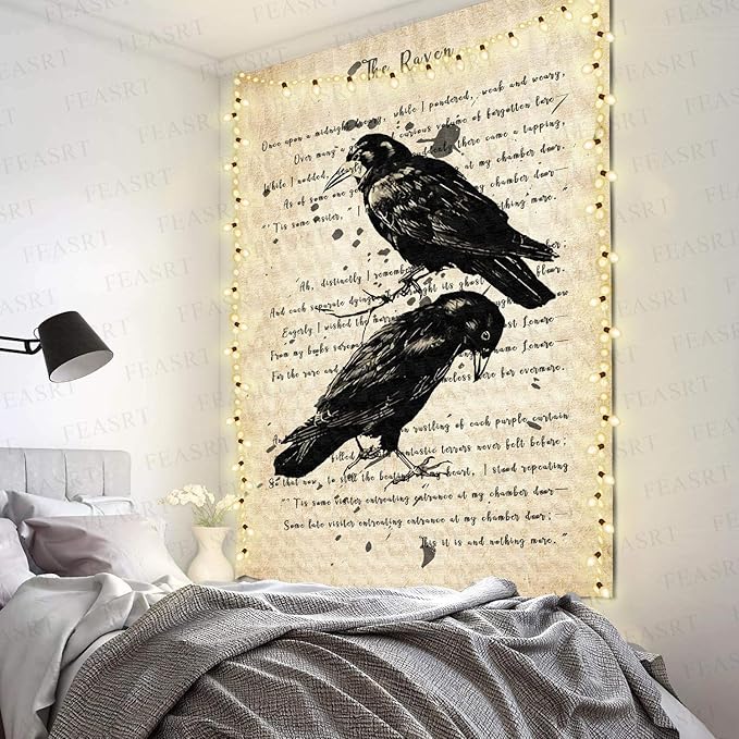 FEASRT The Raven Tapestry Nevermore Wall Decor Vintage Poe Gothic Rustic Home Room Raven Wall Hanging 40x60inch for Living Room Bedroom Dormitory Office GTQQAY1185
