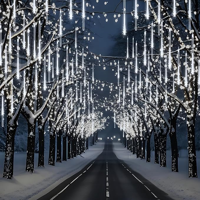Christmas Lights Outdoor, Meteor Shower Lights 8 Tubes 192LED UL Certified Snow Falling Rain Cascading Icicle Light for Xmas Tree Christmas Decorations Outdoor Wedding Party Window, White