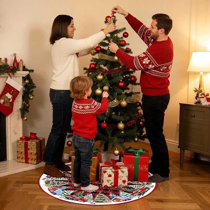 Christmas Tree Skirt 48 Inches Red Xmas Soft Cover Mat Decor Retro Xmas Tree Skirt for New Year Holiday Ornaments Indoor Outdoor Decorations (Buffalo Plaid)