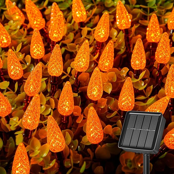 Brightown Solar Operated C6 Halloween Outdoor Lights, 22.64ft 50 LEDs Orange Halloween Lights, Strawberry LED Fairy Lights, Solar Waterproof String Light for Tree, Garden Decor Outdoor Decorations