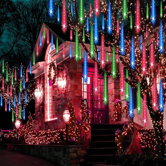 Christmas Lights Outdoor Tree Cascading Icicle Lights 12 inch 8 Tubes Shooting Star Waterfall Meteor Shower Falling Rain Light for Holiday Decorations Wedding Party New Year (Multi Color)