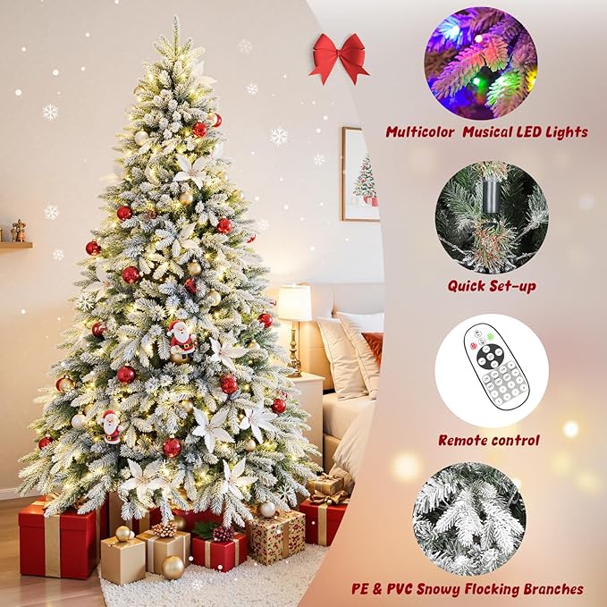 6.5ft Pre-lit Artificial Christmas Tree with Remote, Snow Flocked Xmas Trees Rotating & Foldable Stand, RGB & Warm White Light for Home Decor
