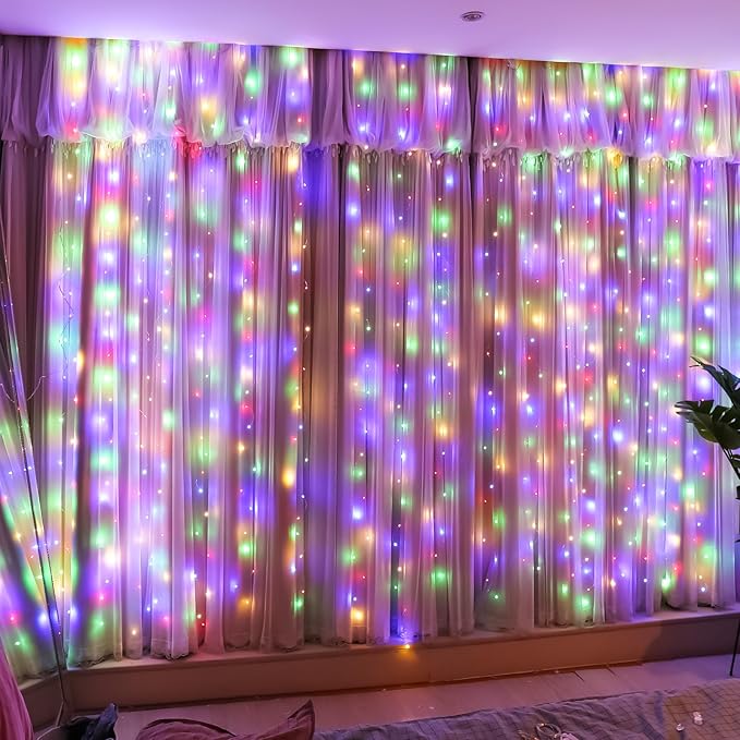 HXWEIYE 300LED Multicolor Fairy Curtain Lights with Remote 8 Modes Timer for Bedroom, 9.8x9.8Ft USB Plug in Christmas Fairy String Hanging Lights for Outdoor, Weddings, Party, Wall, Decorations