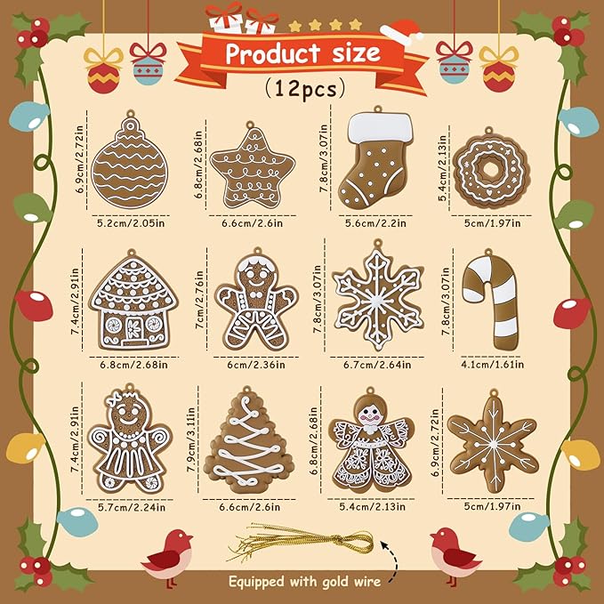 12pcs Christmas Gingerbread Man Ornaments, Assorted Gingerbread Figurines Decorations with Gingerbreads House Snowflake Ornaments for Xmas Tree Winter Crafts Holiday Home Party Decor Indoor
