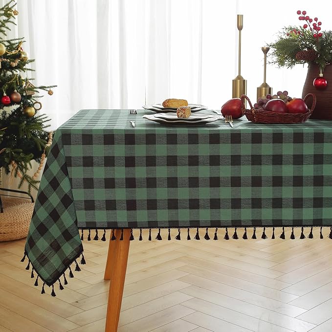 JIALE Gingham Tablecloth Rectangle Cotton Linen Fabric Checkered Table Cloth with Tassel Washable Wrinkle Free Buffalo Plaid Table Cover for Christmas, Party Kitchen Dining, Green and Black, 55x90