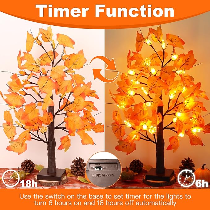 2 Pack 24 Inch Prelit Fall Maple Tree Fall Decorations for Home with 48 LEDs Battery Operated Timer Lighted Acorn Maple Tabletop Light Up Tree for Office Fall Decor Thanksgiving Decorations Indoor