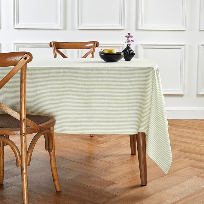 Solino Home Linen Tablecloth 60 x 108 Inch - Narrow Stripe 100% Pure Linen Sage and White Table Cloth for Rectangle Tables - Machine Washable Tablecloth for Fall, Autumn, Thanksgiving