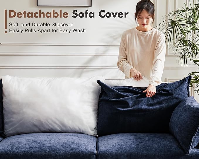 Luxury Modular Sectional Sofa, L-Shaped 3-Seat Couch with Storage Ottoman Deep Seat & Reversible Chaise Lounge Chenille Blue for Compact Spaces, Apartments, Dorm