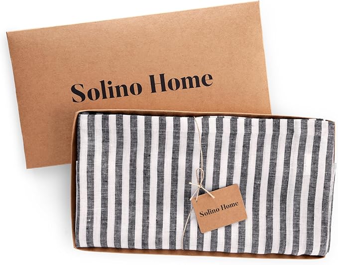 Solino Home Linen Tablecloth 60 x 108 Inch - Amalfi Stripe 100% Pure Linen Black and White Table Cloth for Rectangle Tables - Machine Washable Tablecloth for Fall, Autumn, Halloween, Thanksgiving