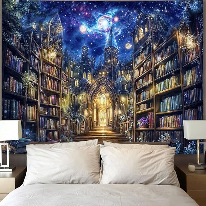 Accnicc Fantasy Bookshelf Tapestry Space Library Tapestries Wall Hanging Gothic Galaxy Castle Magic Book Large Tapestry for Bedroom Living Room Dorm Classroom 80 x 60 inch