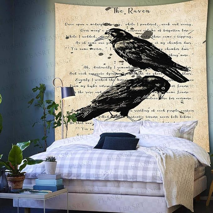 The Raven Wall Tapestry Nevermore Wall Decor Vintage Edgar Allan Poe Gothic Rustic Home Room Wall Hanging Tapestries 84x90 Inches for Living Room Bedroom Dorm GTQQAY1541