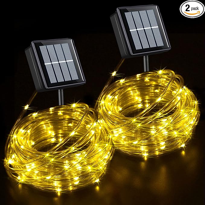 YEGUO 2 Packs Each 33ft 100 LED Solar Rope Lights Outdoor Waterproof, Warm White String Lights for Outside, 8 Modes Fairy Lights in Clear Thin Tube for Camping Fence Patio Garden Trampoline Deck